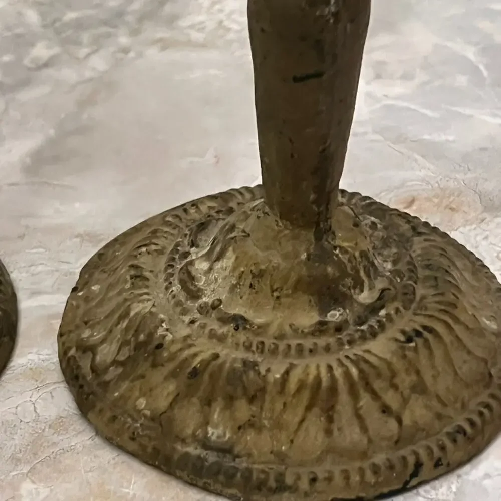 Antique Folk Art Cast Iron Candle Holders Gothic Medieval Style 7